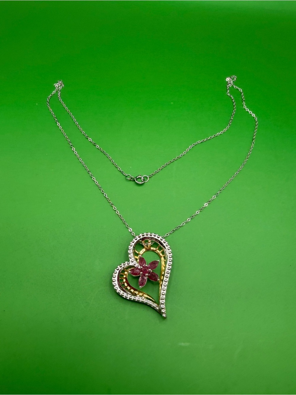925 Sterling Silver Ruby Heart Pendant & 18”